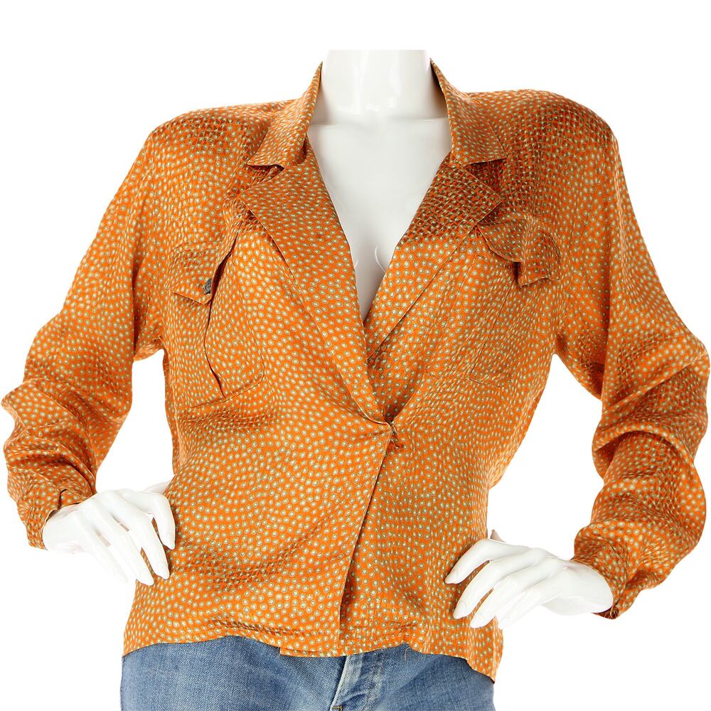 Vintage Ann Klein II Silk Orange Circle Print Top Shirt S